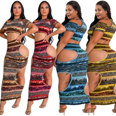 China Viable Hot Selling Sexy Leopard Print Crop Top Cut Out Hollow Out Bodycon Skirt 2 Piece Outfit Set Plus Size Women's Sets for sale