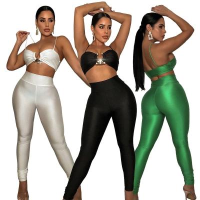 China Factory Price Cheapest QUICK DRY Women Sexy Shinny Bra Set Stretch Slim Sling Long Pants 2 Piece Set for sale