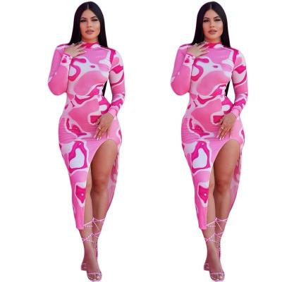 China Breathable Fashion Dresses 2022 Sexy Stand Collar Spots Printed Bodycon Long Women Split Long Sleeve Wrap Dress for sale