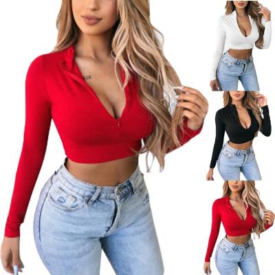 China 2022 Solid Color Women's Top T-Shirt Sexy Deep Crop Zipper QUICK DRY V-Neckline Sheath Long Shirts For Women for sale