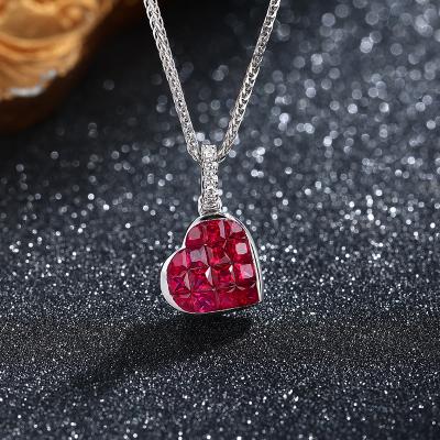 China 925 Sterling Silver Necklace Ruby CZ 18K Gemstone TRENDY Customizable Heart Pendant Necklace Invisible Setting Factory for sale