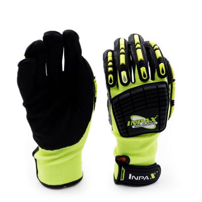 China Anti-collision design on the back of hand light color 13G nitrile polyester fiber water proof coating outdoor sports hand safety glove for sale