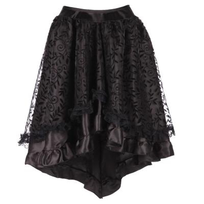 China 2022 Breathable All-match Lace Embroidery Skirt Ruffle Black High Low Gauze Midi Skirt Dress Plus Size for sale