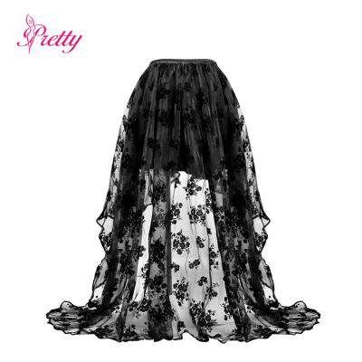 China Plus Size Elastic Lace Gauze Plus Size Dress Flower Embroidery Black Stitching Skirt for sale