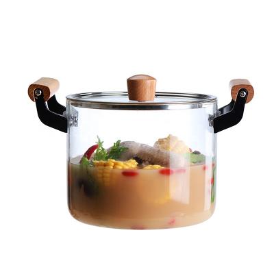 China 2022 New High Viable Factory Price Wholesale Heat Resistant Borosilicate Clear Glass Cookware Cooking Pot With Wood Handle Pan for sale