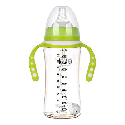 China BPA Free Manufacturer Cheap Handled Plastic Feeding Supplies Labeled PP Baby Bottle for sale