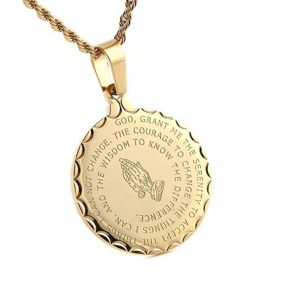 China CLASSIC Yiwu Meise Bible Verse Prayer Necklace Christian Jewelry Gold Praying Hands Coin Medal Stainless Steel Pendant MS0009 for sale