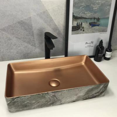 China Art Sink Basin Clear Glass Easy Clean Popular Rectangle Worktop Vanity Top Blue Luxury Sale Style Modern Frame Color Hand Painted for sale