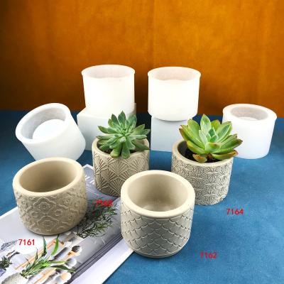 China 7161 Viable Round Fish Scale Leaf Clover Flower Pot With Stripes Silicone Mold Cement Plaster Flowerpot Molds With Lid for sale