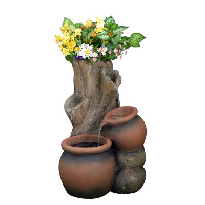 China Tree Trunk Transitional Solar Water Fountain with Two Pots Solar Panel with Lithium Battery and Lights for sale