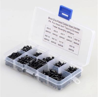 China ALLOY Natural Colour 450pcs M3 Carbon Steel Black PA Cross Pan Head Round Head Self Tapping Screw Combination Set Assortment Kit for sale