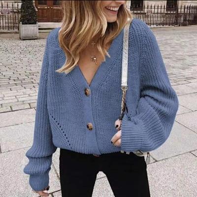 China Anti-Wrinkle New Autumn Winter Long-Sleeved Loose Sweater Tops V-neck Solid Color Knitted Cardigan Women's Sweater for sale