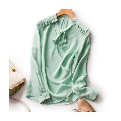 China Simply 100% Chiffon Office Anti-Pilling Silk Blouse Slim Women Green Mulberry Silk Blouses Designer Shirts Tops for sale