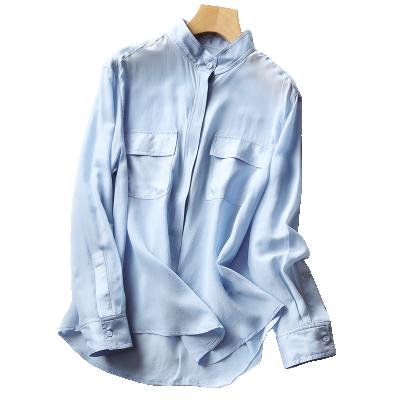 China 2021 Breathable Plain 100% Satin Shirt Women Blue Silk Basic Blouses for sale