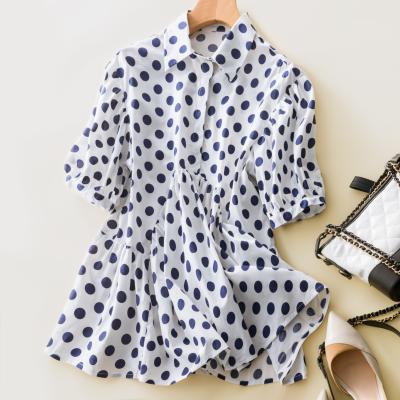 China Breathable Polka Dot Women Silk Blouse Short Sheath Dot Silk Women Shirt for sale