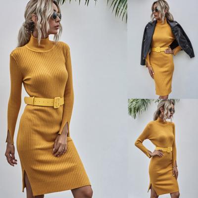 China New Antistatic Pure Color Half Collar Sweater Dress Slimming Long Sleeve Skirt Fashion Women Knitted Sweater Dresses for sale