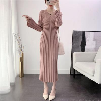 China Anti-Static Stretch Lady Rib Straight Dress Elastic Slim Fitted Women Lady Elegant Sweater Long Knitted Dress Autumn for sale