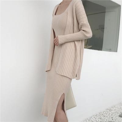 China 2021 2Pcs Autumn Long Knitted Dress Sweater Stretch Rib Knit Dress Winter Casual Slim Simple Anti-static Cardigan Suit for sale