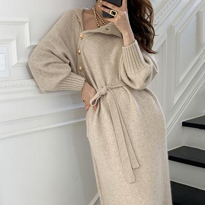 China 2021 Anti-static Winter New Plus Size Measurement Sleeve Midi Sweater Along Thick Stand Collar Vintage Knitted Dress Women Wrap Dress With Belt for sale