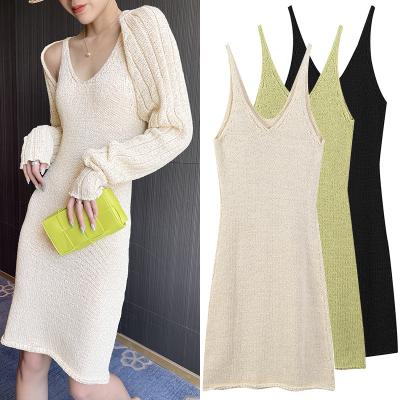 China Korean Slim Knitted Winter Dress Avocado Green V-Neck Suspender Midi Dress Anti-Static Cardigan Female for sale