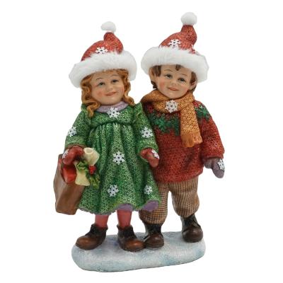 China Home Decor/Christmas Gift Sale Polyresin Christmas Decoration Polyresin Winter Warm Kids With Gift Box For Christmas Gift Boy&girl for sale