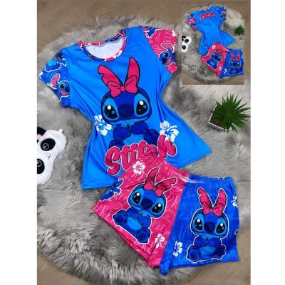 China Lace Up Spring 2022 Trends Stretch Cartoon Stichy Micky Printed Pajamas Nightwear Sleepwear Pajamas 2 Piece Sexy Cartoon For Women for sale