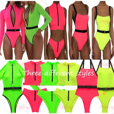 China Wholesale Breathable Sheer Color Fluorescence Bikinis Woman Swimwear Sleeve Zipper Bikini Two Pieces Swimsuit 2021 Sets for sale