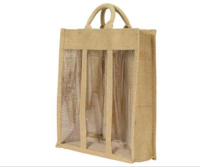 China Beverage Burlap Wine Bags For 3 Bottle Hessian Jute Fabric With Laminated PE For Party Housewarming Birthday for sale