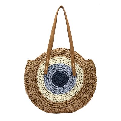 China High Quality China Tote Bags Luxury Colorful Handwoven Round Beach Shoulder Bag Straw Bag With Leather Handle for sale