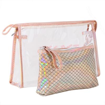 China Durable PVC Custom Pouch Laser Transparent Bulk Logo Luxury Clear Holographic Makeup Cosmetic Bag for sale