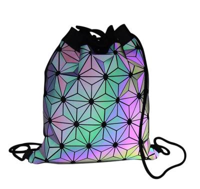 China Laser PU Drawstring Strap Waterproof Geometric Luminous Leather Backpack Gym Sports Bags For Promotion Bag for sale