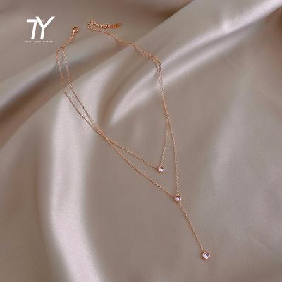 China Trendy Rose Gold Color Simple Steel Woman Double Layer Titanium Steel Woman Korean Goth Jewelry Necklace For Party Girl Clavicle Chain for sale