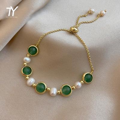 China TRENDY Gothic Baroque Neo Pearl Green Stone Round Bead Bracelet for Girl Korean Party Woman Fashion Jewelry Unusual Bangle for sale