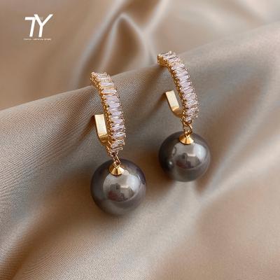 China Wholesale TRENDY Advanced Crystal Zircon Gray Pearl Pendant Dangle Earrings For Woman Fashion Jewelry Party Girl Luxury Accessories for sale