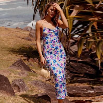 China Breathable Sexy Print Summer Beach Vacation Women Dress Classic Spaghetti Strap Cowl Neck Backless Floral Long Dresses for sale