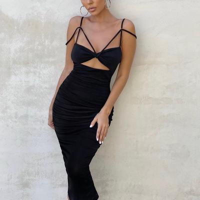 China Solid Color Breathable Sexy Chest Hollow Out Backless Sleeveless Pleated Velvet Bodycon Ladies Clubwear Midi Dress for sale