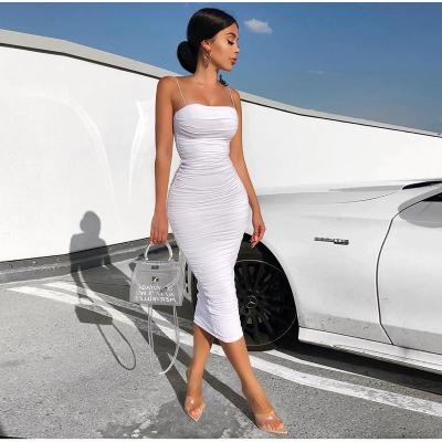 China Breathable Customize 2 Layers Women's Summer Dress 2021 White Long Maxi Pleated Dress Pink Party Elegant Ruched Sexy Night Lady Party Dress for sale