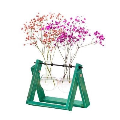 China Modern Glass Plant Container With Wooden Frame Wall Hanging Flower Pot Bulb Vase Retro With 3 Flower Bud Bottles for sale