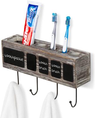 China Minimalist Antique Torch Electric Toothbrush and Wooden Toothpaste Wall Mounted Holder with Chalkboard Label and 4 Towel Hooks for sale