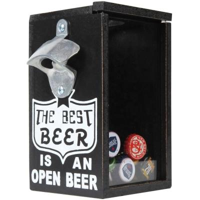 China Sustainable Wooden Bottle Opener And Lid Saver Bank For Bottle Lid And Good Quality Collector A Splendid Father's Day for sale