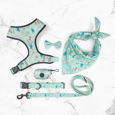 China Custom Designer Printed Cute Bandana Bowtie Dog Harness Leash And Collar Accessories for sale