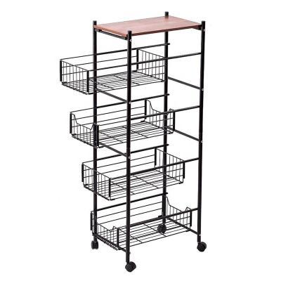 China 5-Tier Kitchen Viable Mesh Wire Rolling Organizer Cart With Pull Multifunctional Serving Basket Wheels Cart Mobile Storage Shelving for sale