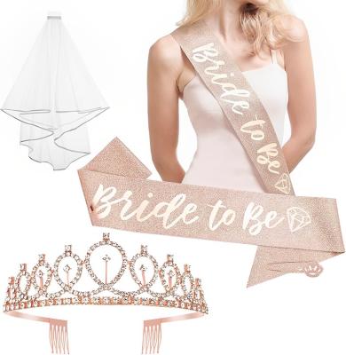 China Zinc Alloy Rose Gold Party Accessories Set Bride To Be Sash, Bridal Tiara, Veil For Bachelor Party Supplies To Wedding Bridal Shower for sale