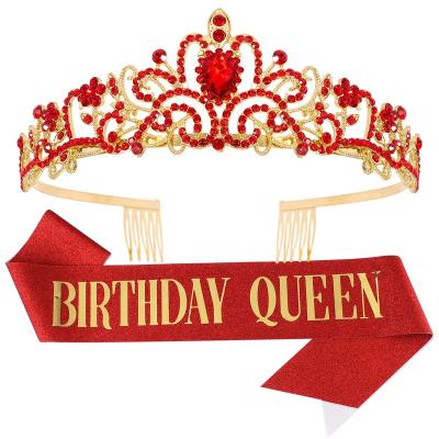 China Zinc Alloy Queen +ployster Birthday Sash and Crown Tiara Kit - Tiaras for Women Girls Party Decorations Crystal Headband Hair Accessories Cake Topper for sale