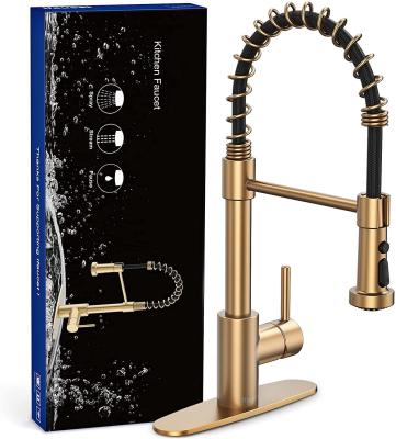 China Pull Out Spray 3 Modes Single Handle Gold Kitchen Sink Faucet With Pull Down Sprayer Apron for sale