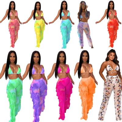 China TaoYan Antibacterial Mature Women Print Transparent Mesh 2 Piece Bikini Set Swimsuit Swimwear for sale