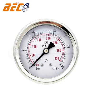 China Stainless Steel Case Industrial Beco 25bar Pressure Gauge Oil Filled Oil Pressure Gauge for sale