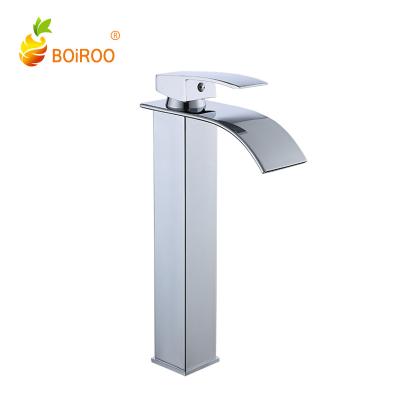 China Metered Faucets BOiROO 304 Brass Chrome Stainless Steel Plated Square Single Handle Large Bathroom Basin Single Hole Waterfall Faucet for sale