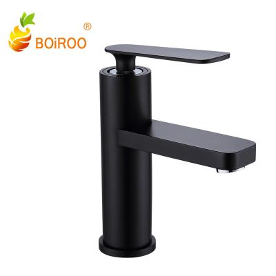 China Hot Sale BOiROO Black Body Faucets One Hole Brass Single Handle Metered Rounding Minimalist Pedestal And Rotary Outlet Basin Wash Faucet for sale