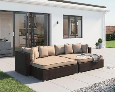 China Modern Monaco Sofa Set Rattan Garden Daybed in Chocolate and Cream with Outdoor Covers for sale